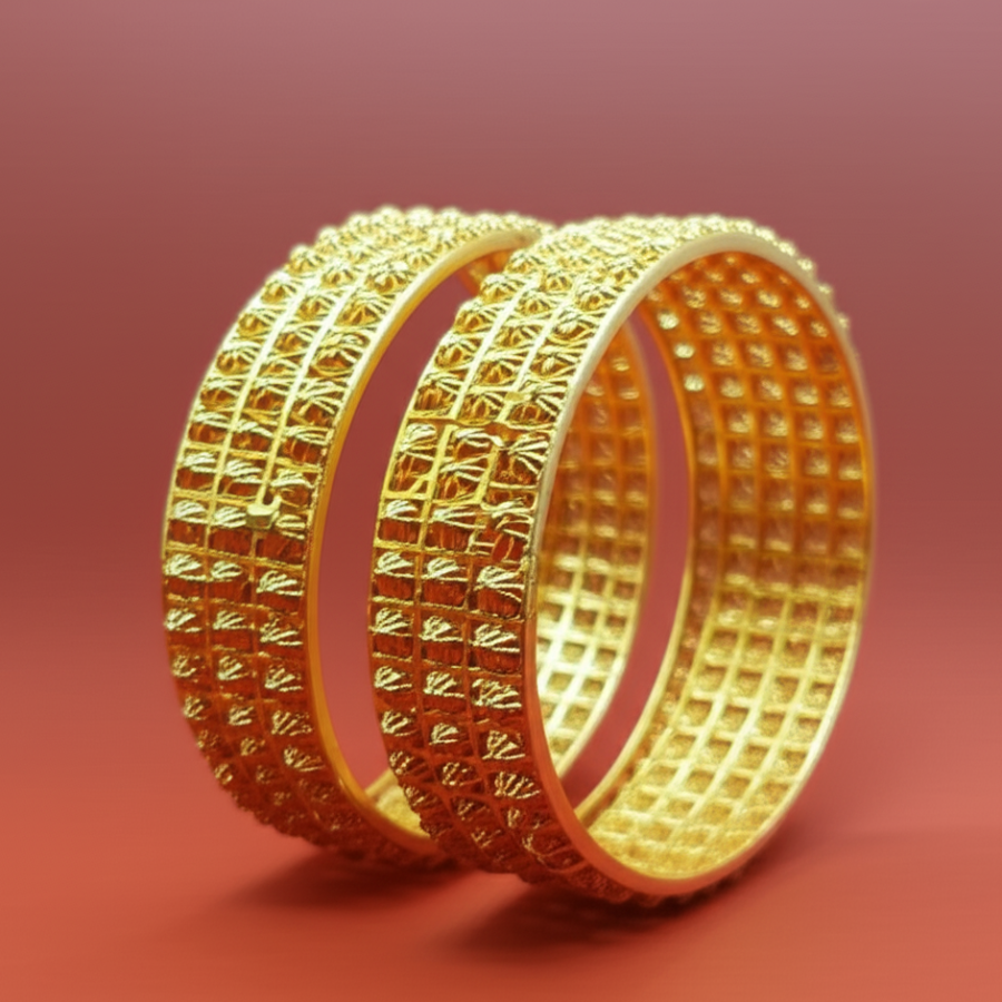 Golden Brass Bangles For Women – 1 Pair Artificial Jewelry Bangles In Bright Gold Color For Daily Use, Festive Wear, And Party Styling
