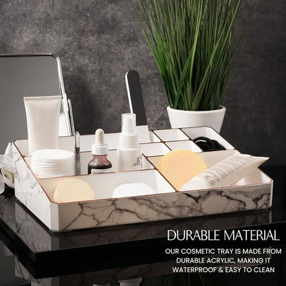 9 Compartment Marble Look Makeup Organiser | Marble Acrylic Makeup Organiser – Perfume Holder, Vanity Storage And Cosmetic Storage – White