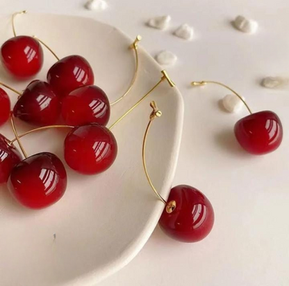 Korean Cherry Drop Earrings For Women 🍒 | Cute Long Stem Minimalist Red Cherry