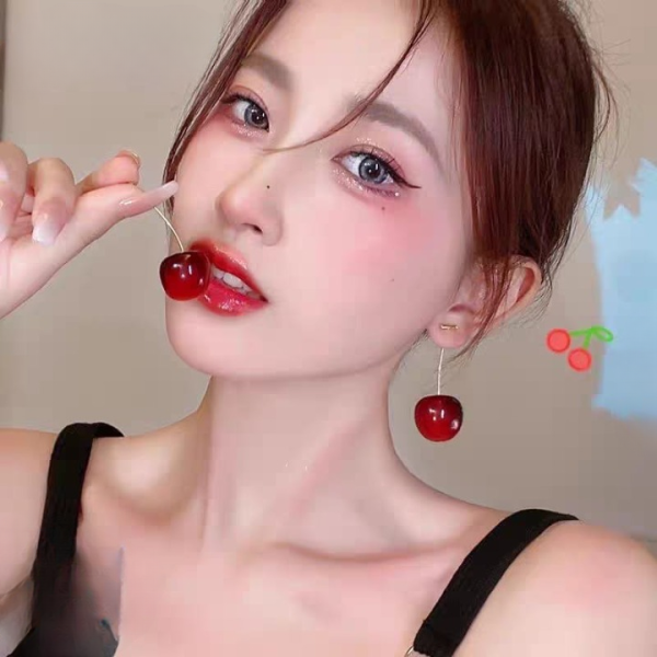 Korean Cherry Drop Earrings For Women 🍒 | Cute Long Stem Minimalist Red Cherry