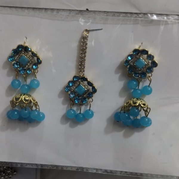 Artificial Jhumkay & Bindya Set With Blue Stones