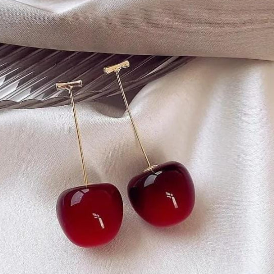 Korean Cherry Drop Earrings For Women 🍒 | Cute Long Stem Minimalist Red Cherry