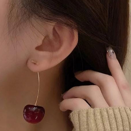 Korean Cherry Drop Earrings For Women 🍒 | Cute Long Stem Minimalist Red Cherry