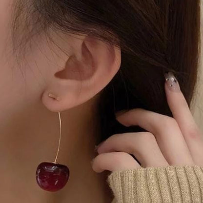 Korean Cherry Drop Earrings For Women 🍒 | Cute Long Stem Minimalist Red Cherry