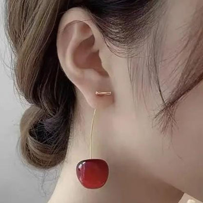 Korean Cherry Drop Earrings For Women 🍒 | Cute Long Stem Minimalist Red Cherry